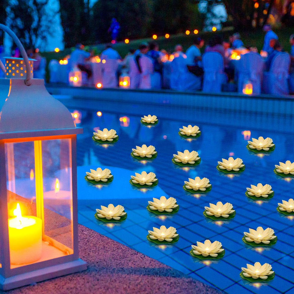 Liliful frontal del paquete con 36 luces flotantes loto blancas mostrando cantidad y empaque