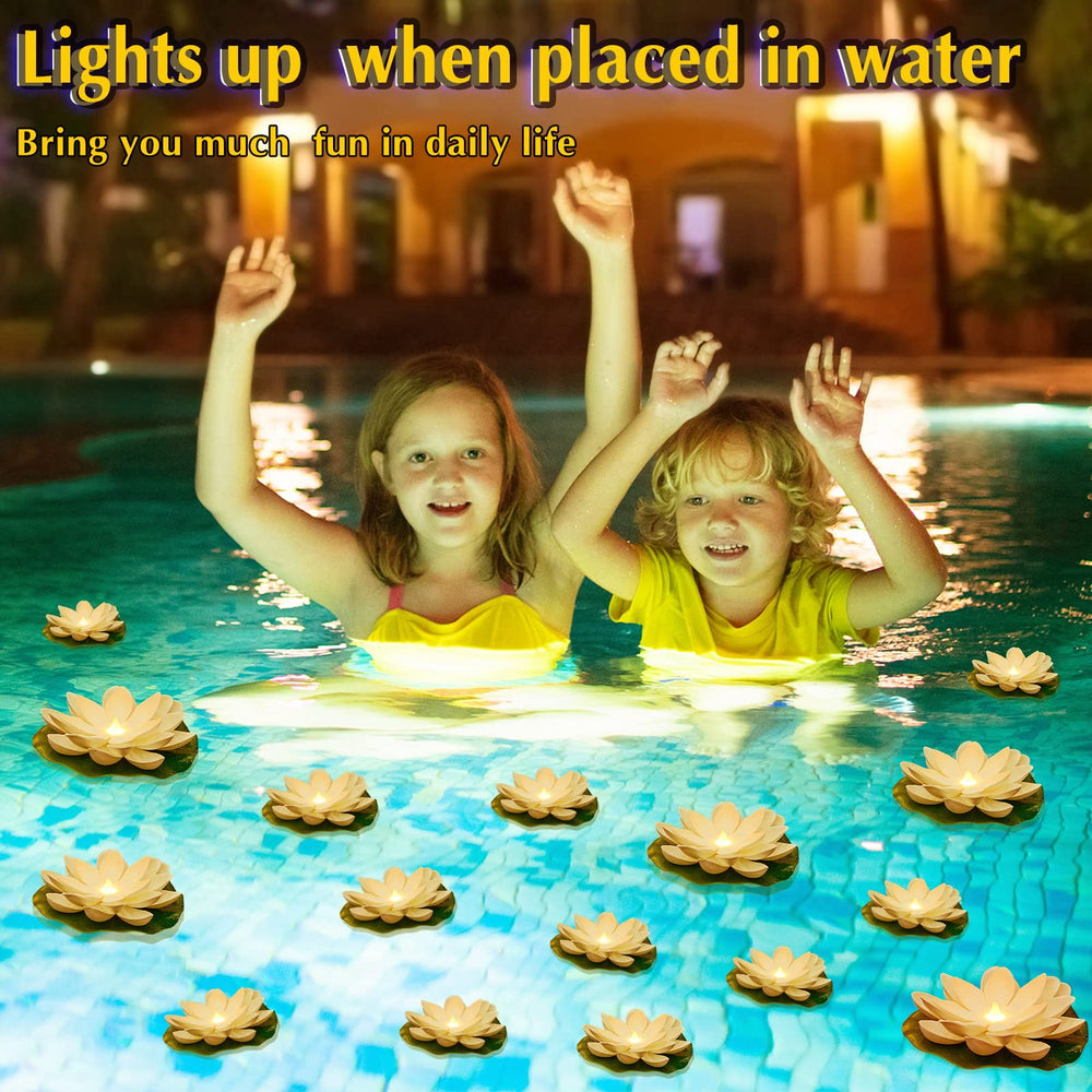 Liliful conjunto de flores flotando en piscina iluminando ambiente nocturno