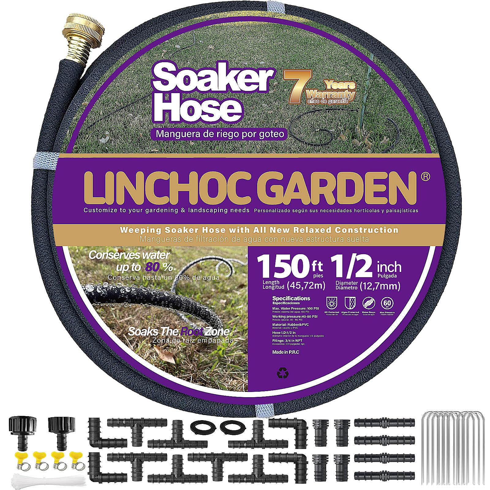 LINCHOC GARDEN frontal del rollo y empaque mostrando longitud y accesorios