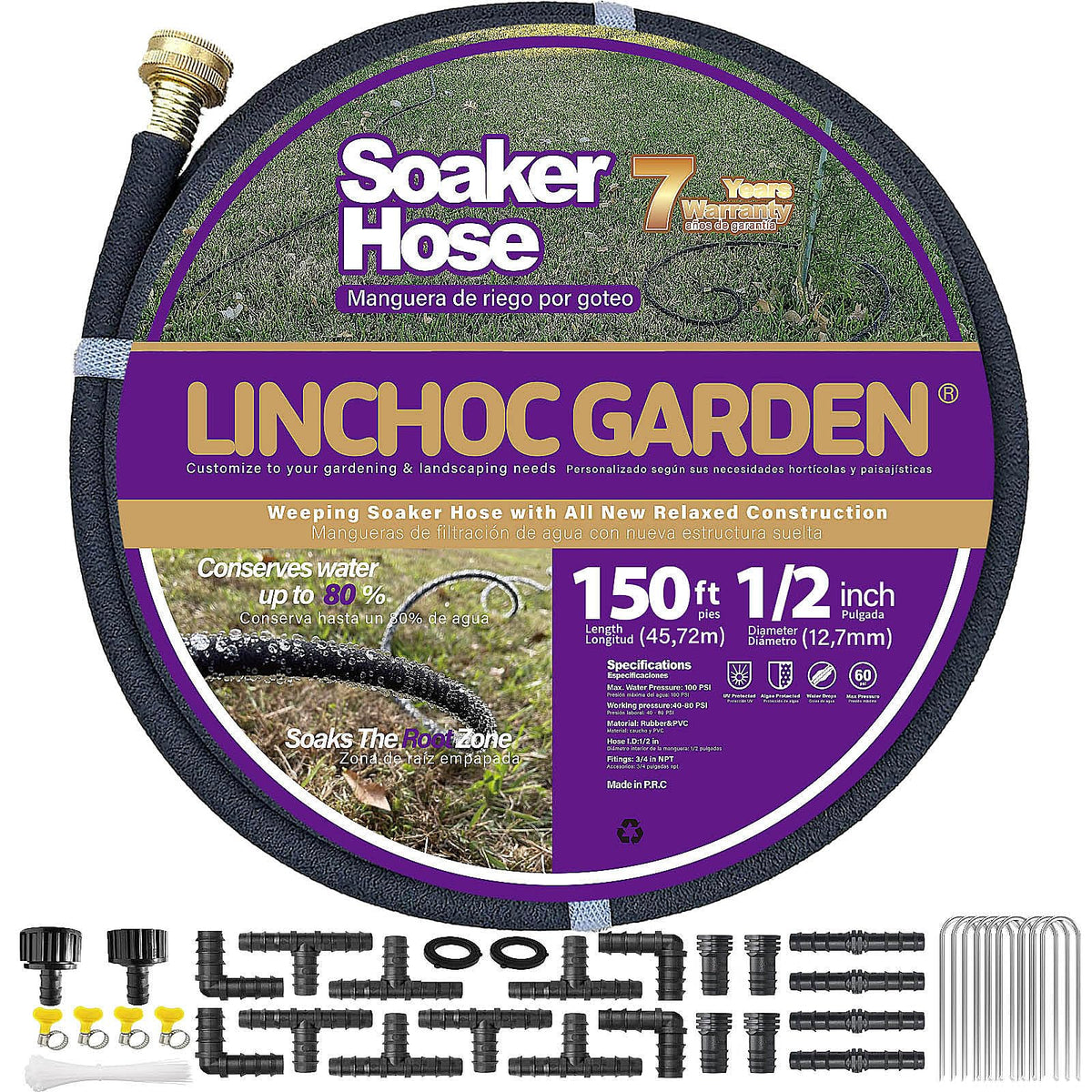 LINCHOC GARDEN frontal del rollo y empaque mostrando longitud y accesorios