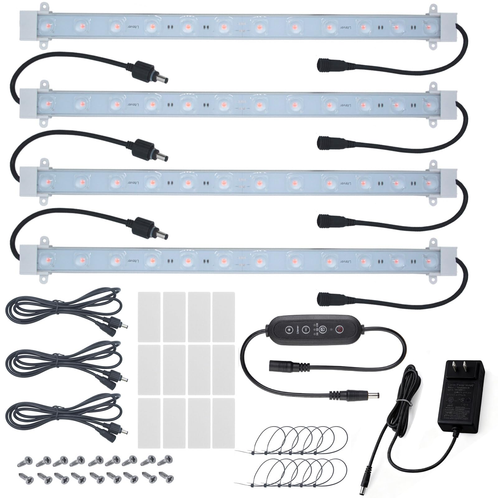 Litever vista frontal del kit mostrando las cuatro tiras y accesorios, ideal para ahorro de espacio