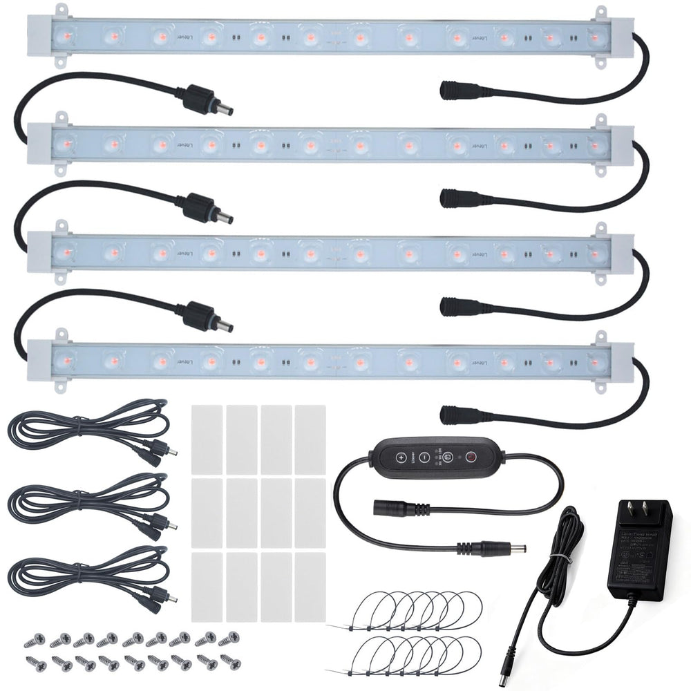 Litever vista frontal del kit mostrando las cuatro tiras y accesorios, ideal para ahorro de espacio