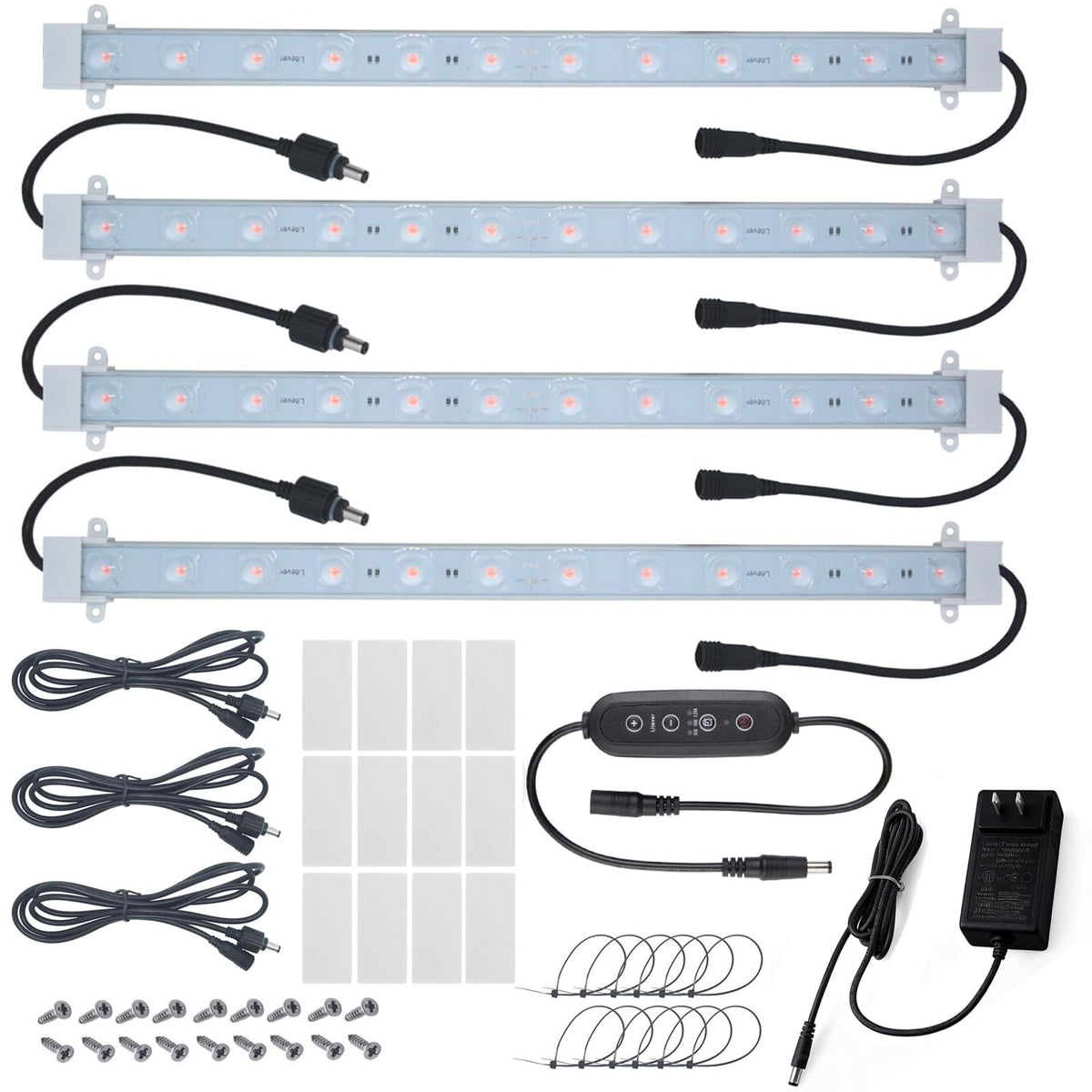Litever vista frontal del kit mostrando las cuatro tiras y accesorios, ideal para ahorro de espacio