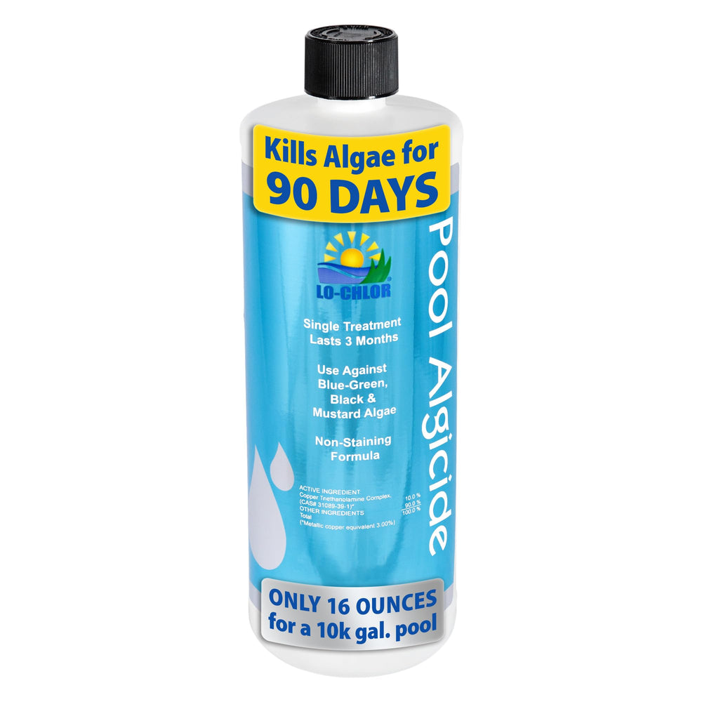 Lo-Chlor frente del envase mostrando la botella y beneficios de control de algas
