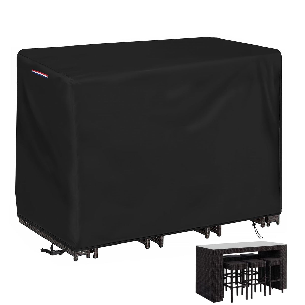 Loenel vista frontal de la funda protegiendo mesa bar, protección impermeable