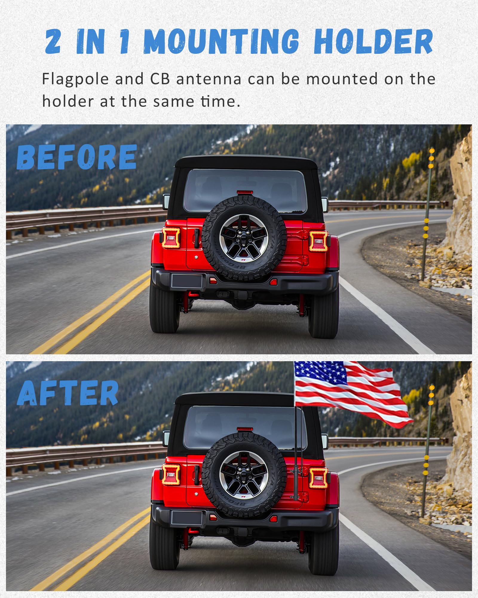 LOUZEZO soporte con mástil y bandera en uso, visibilidad en ruta