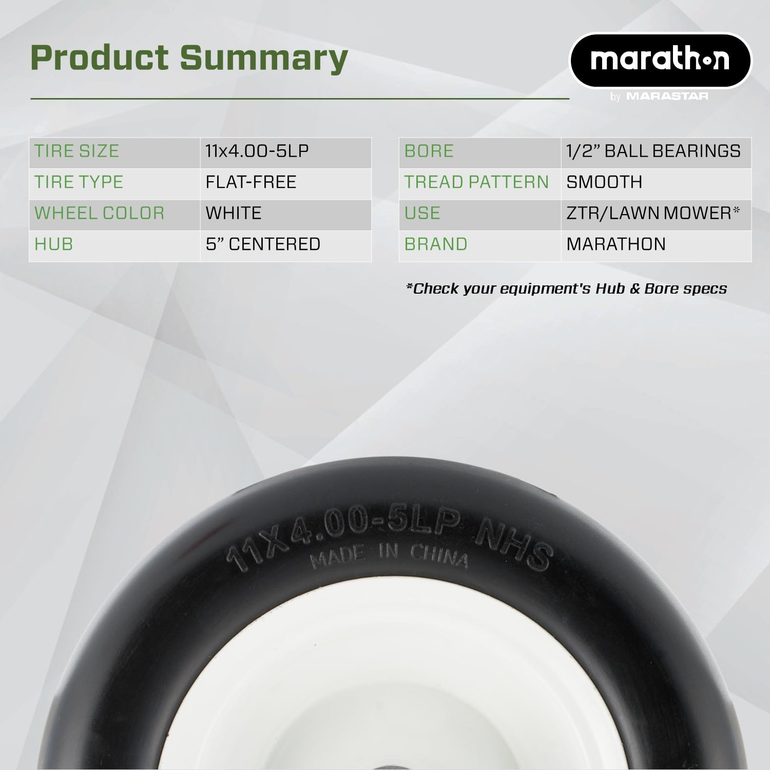 Marathon comparación de tamaño 11x4.00-5 para verificar compatibilidad