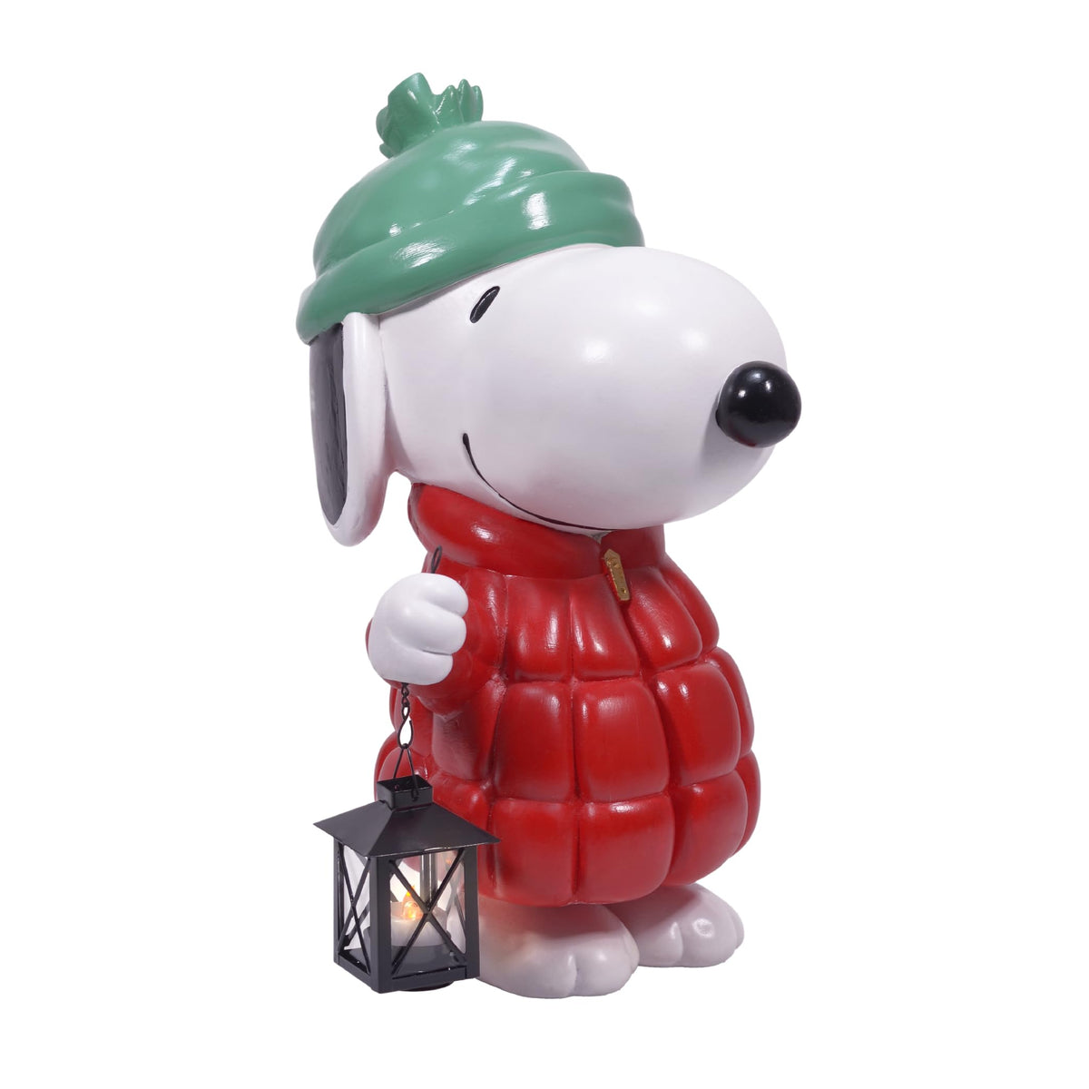 Mark Feldstein Snoopy vista frontal con chaqueta puffer y linterna, bienvenida cálida