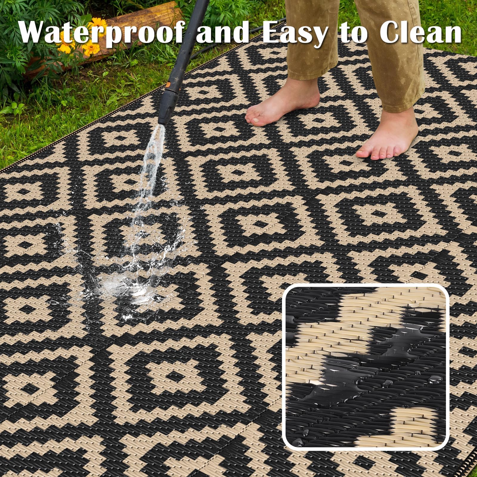 mattitude alfombra colocada bajo mesa de patio mejora el área exterior