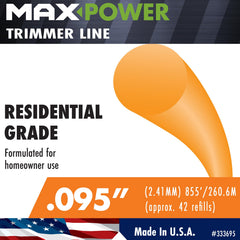 MaxPower hilo en uso con desbrozadora demostrando corte uniforme y control
