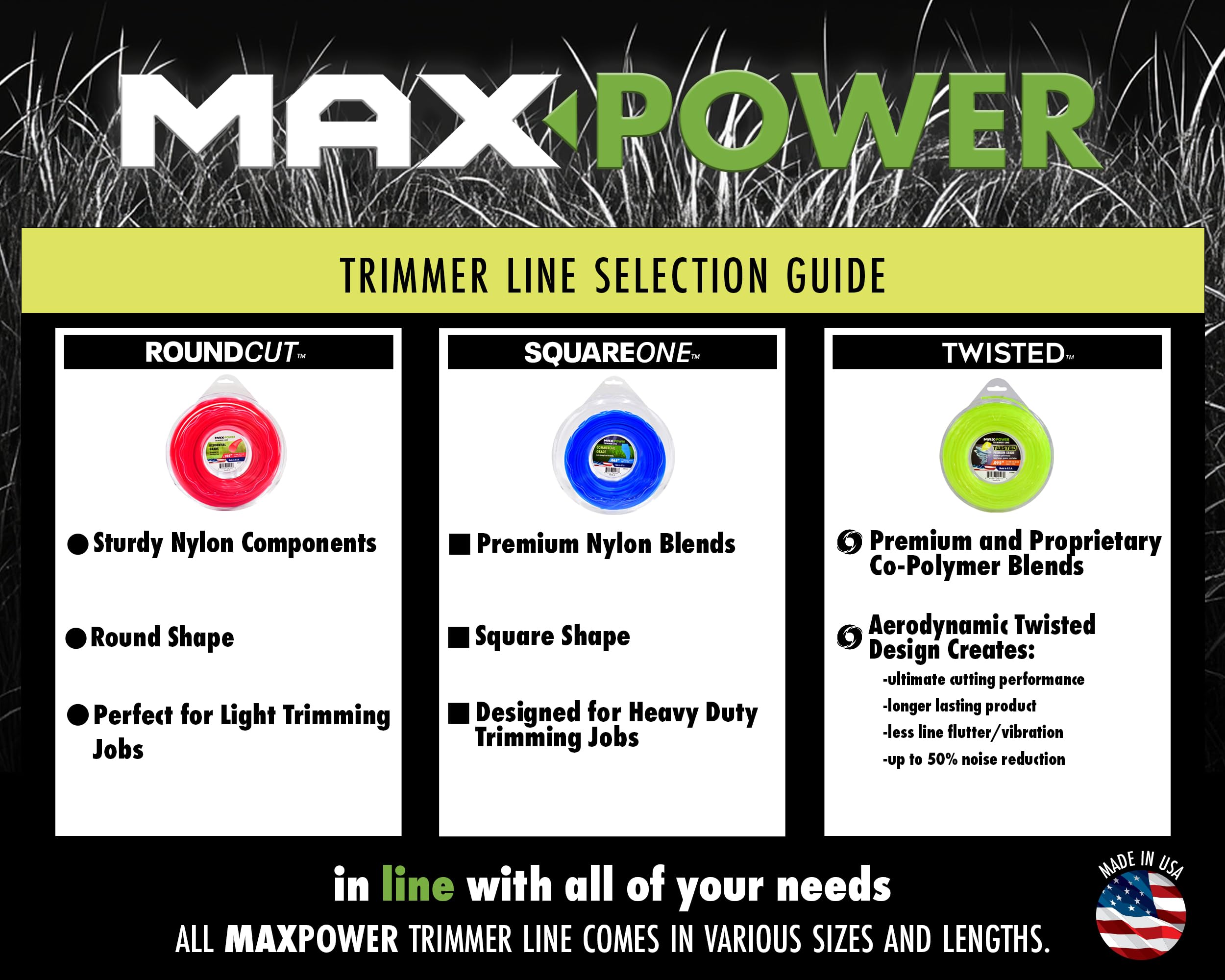 MaxPower etiqueta del producto con especificaciones 0.095" y fabricación USA