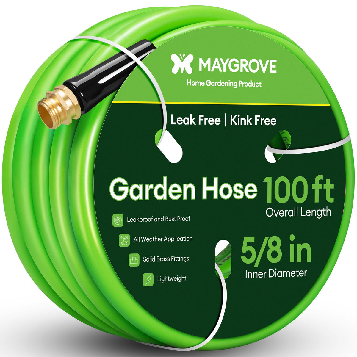Maygrove manguera 100 ft vista frontal mostrando longitud y construcción, durabilidad superior