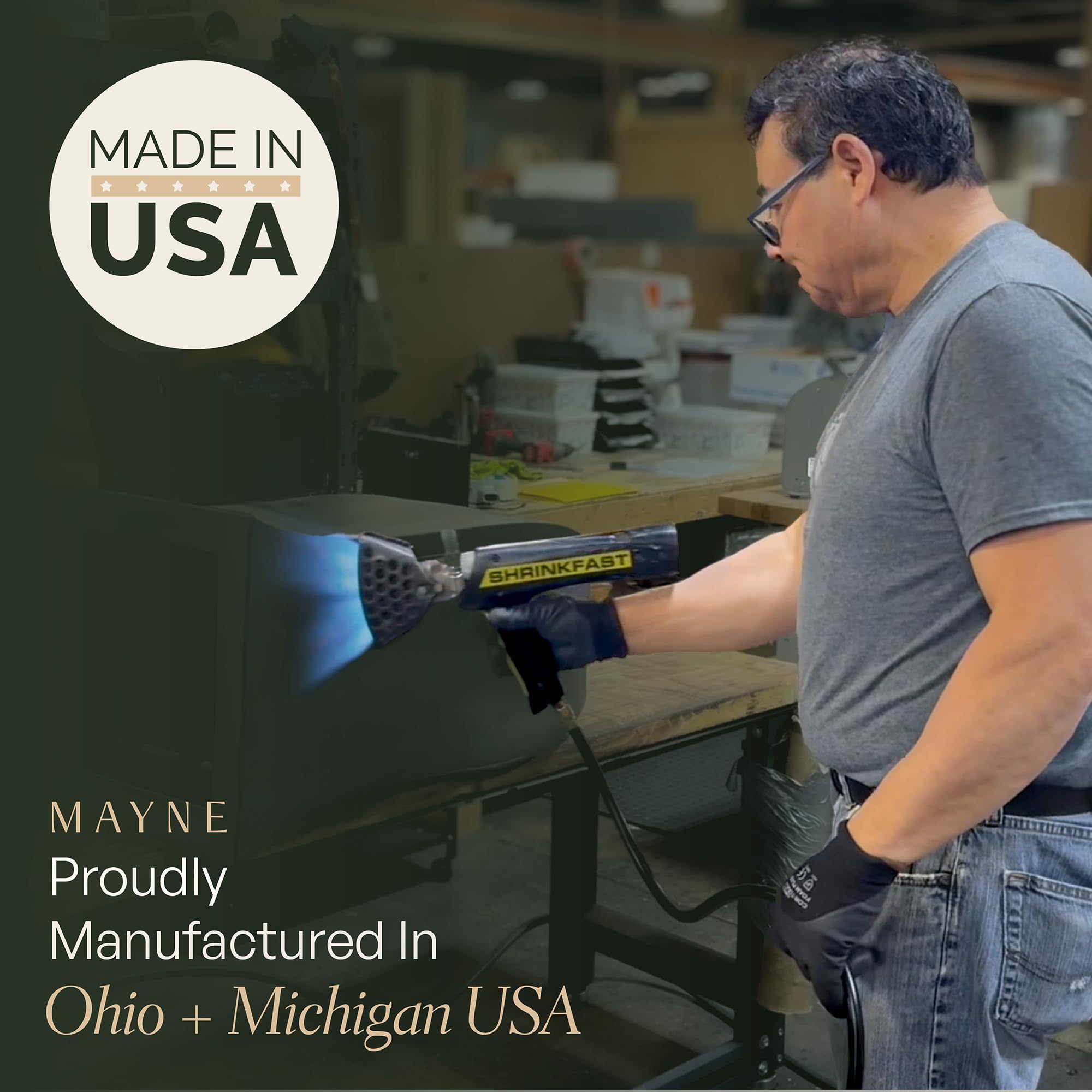 Mayne etiqueta indicando fabricación en USA y garantía de 15 años