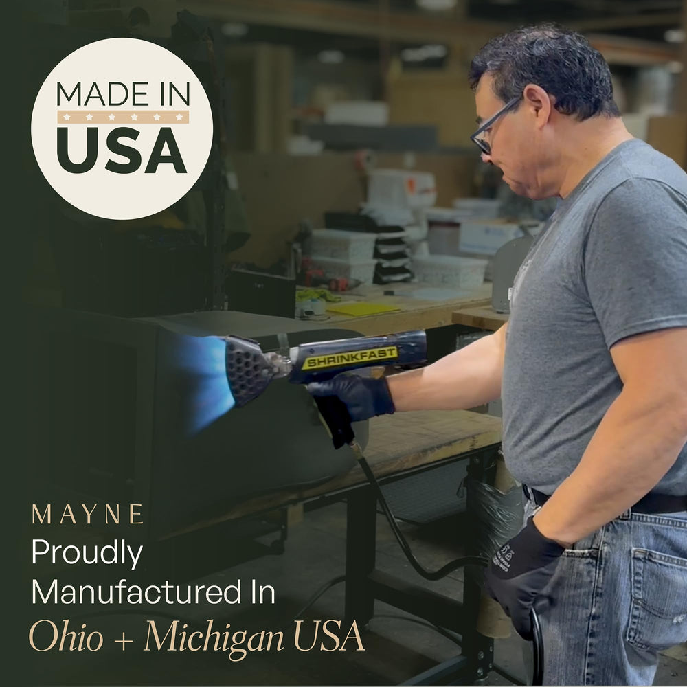Mayne etiqueta indicando fabricación en USA y garantía de 15 años