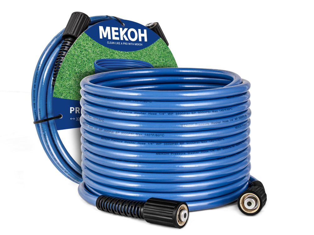 MEKOH manguera frontal empaquetada mostrando alcance y compatibilidad