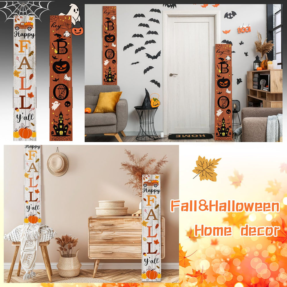 Memorywuu cartel colgado en porche con decoración de otoño junto a calabazas