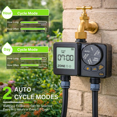 MIXC instalado en manguera de jardín regando césped para ahorro y gestión automática