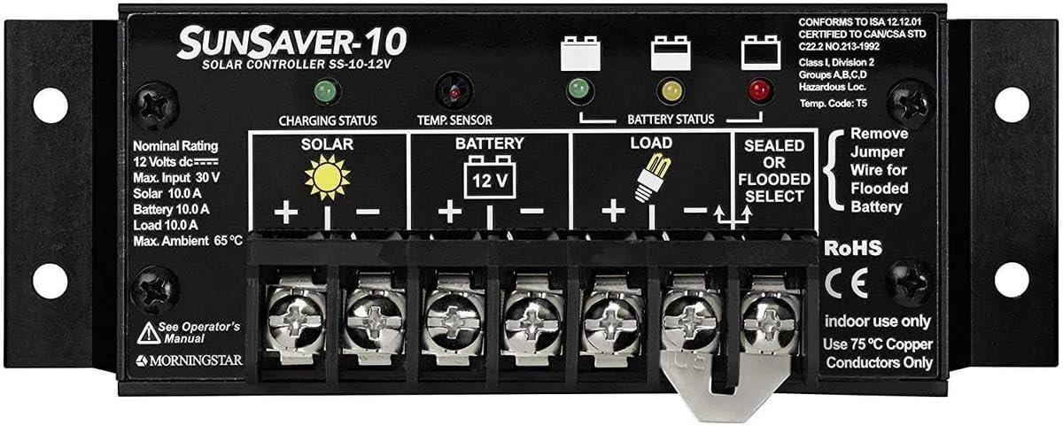 Morningstar SunSaver vista frontal con indicadores LED y carcasa robusta