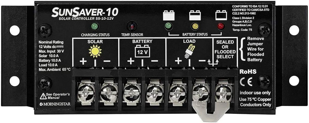 Morningstar SunSaver vista frontal con indicadores LED y carcasa robusta