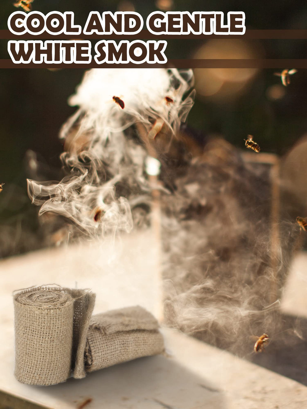 Moukeren etiqueta que indica material de yute y 6 libras de contenido