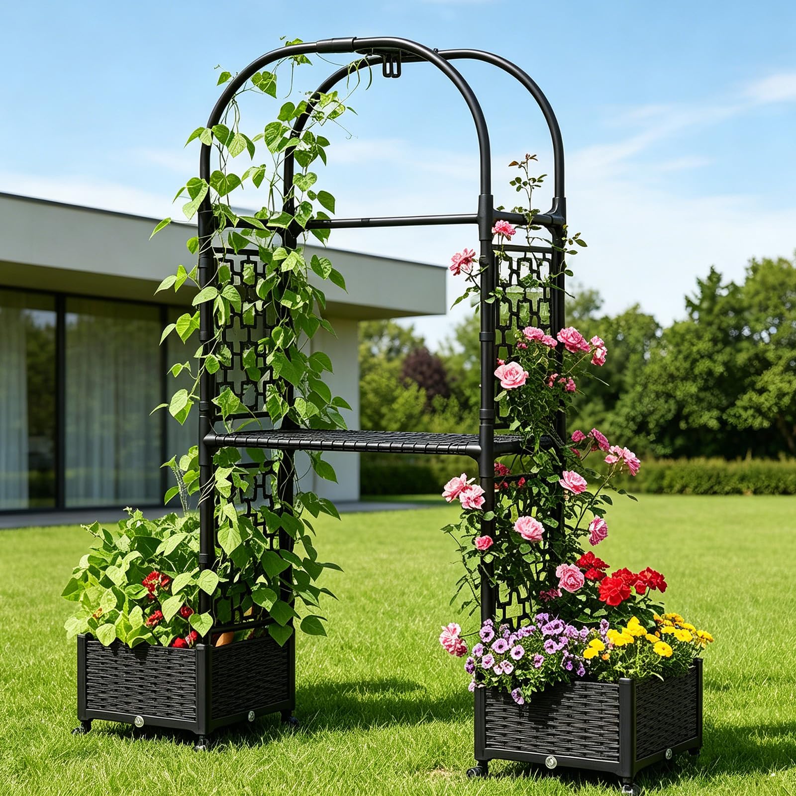MQHUAYU vista frontal de jardinera montada con arco, maximiza cultivos verticales