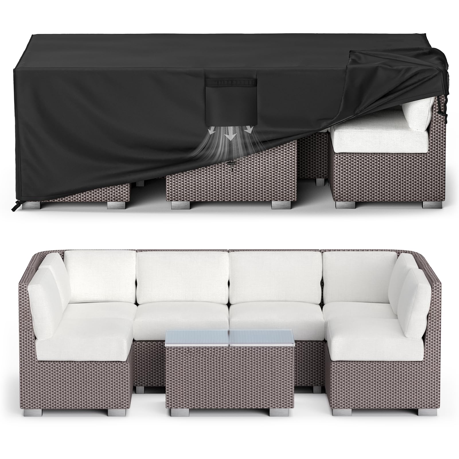 MR.COVER vista frontal de la funda protegiendo mesa y sillas, protección integral