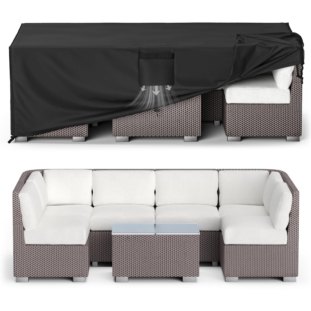 MR.COVER vista frontal de la funda protegiendo mesa y sillas, protección integral