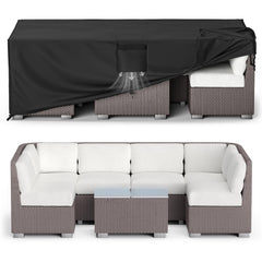 MR.COVER vista frontal de la funda protegiendo mesa y sillas, protección integral