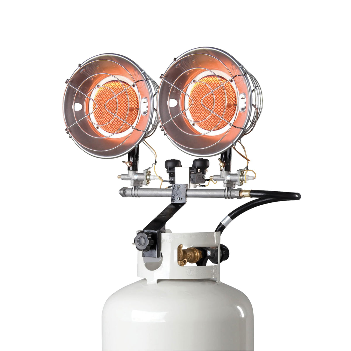 Mr. Heater vista frontal montado en tanque 20 lb que facilita transporte seguro