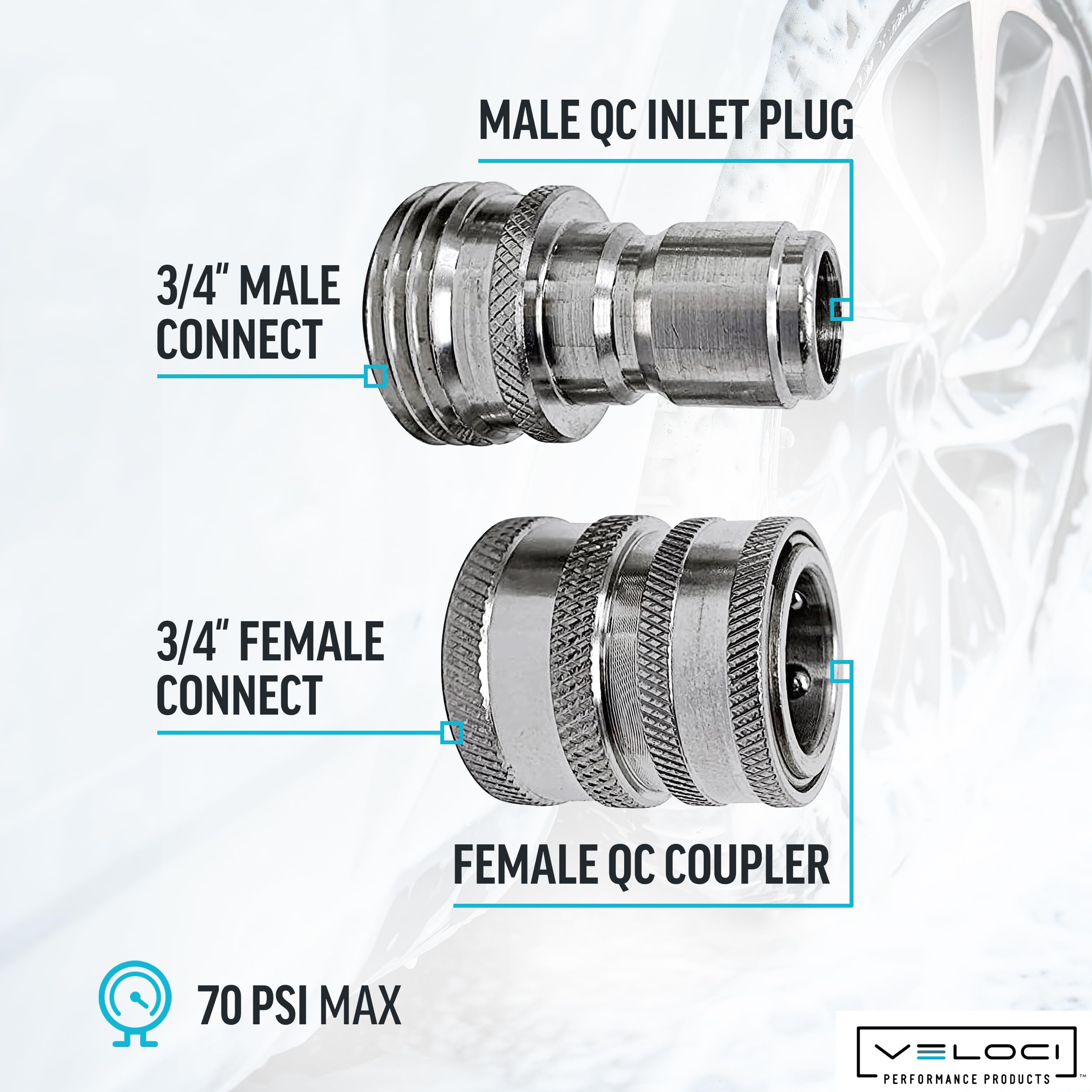 MTM Hydro tres enchufes macho alineados mostrando compatibilidad múltiple