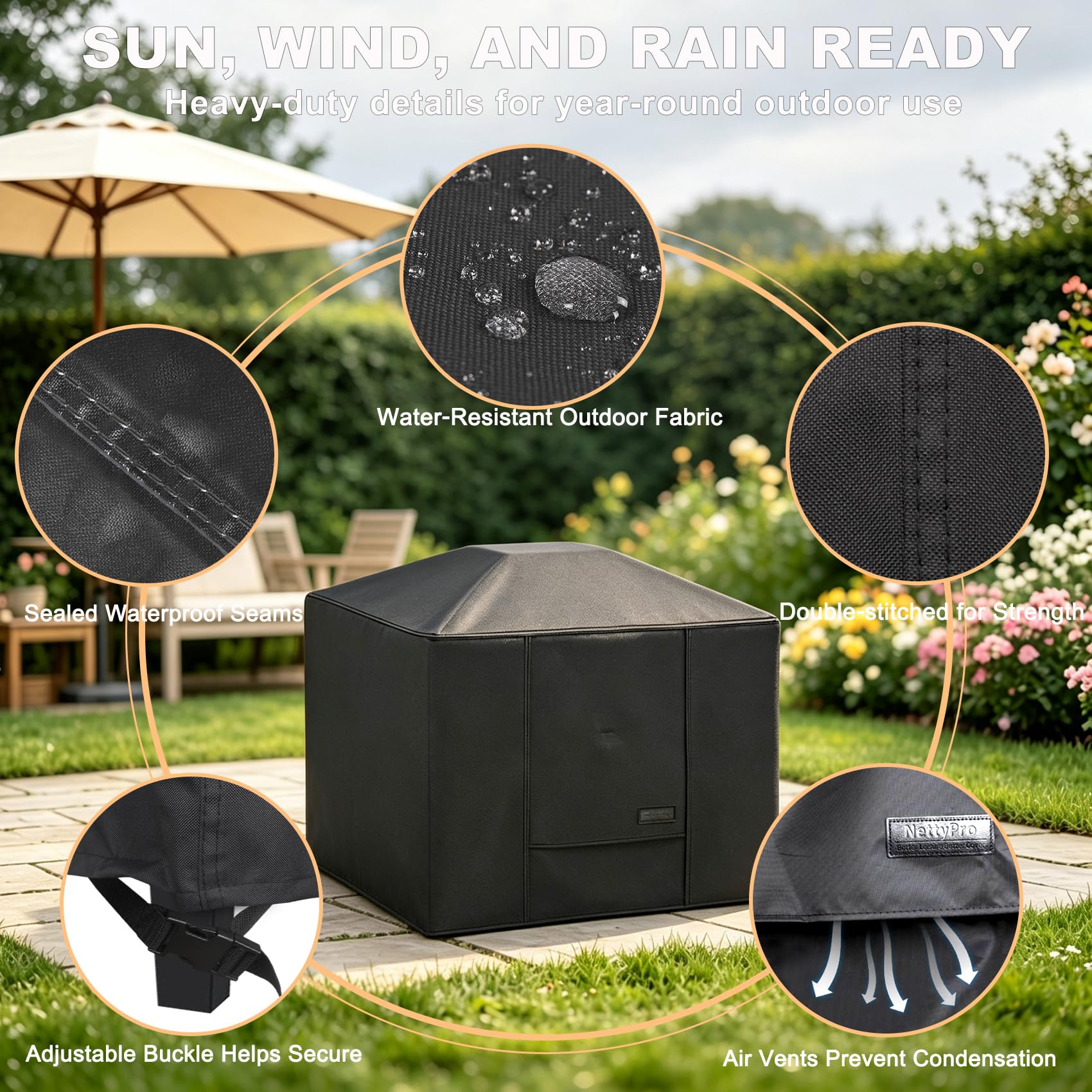 NettyPro correas inferiores y hebillas ajustables asegurando la funda en viento fuerte