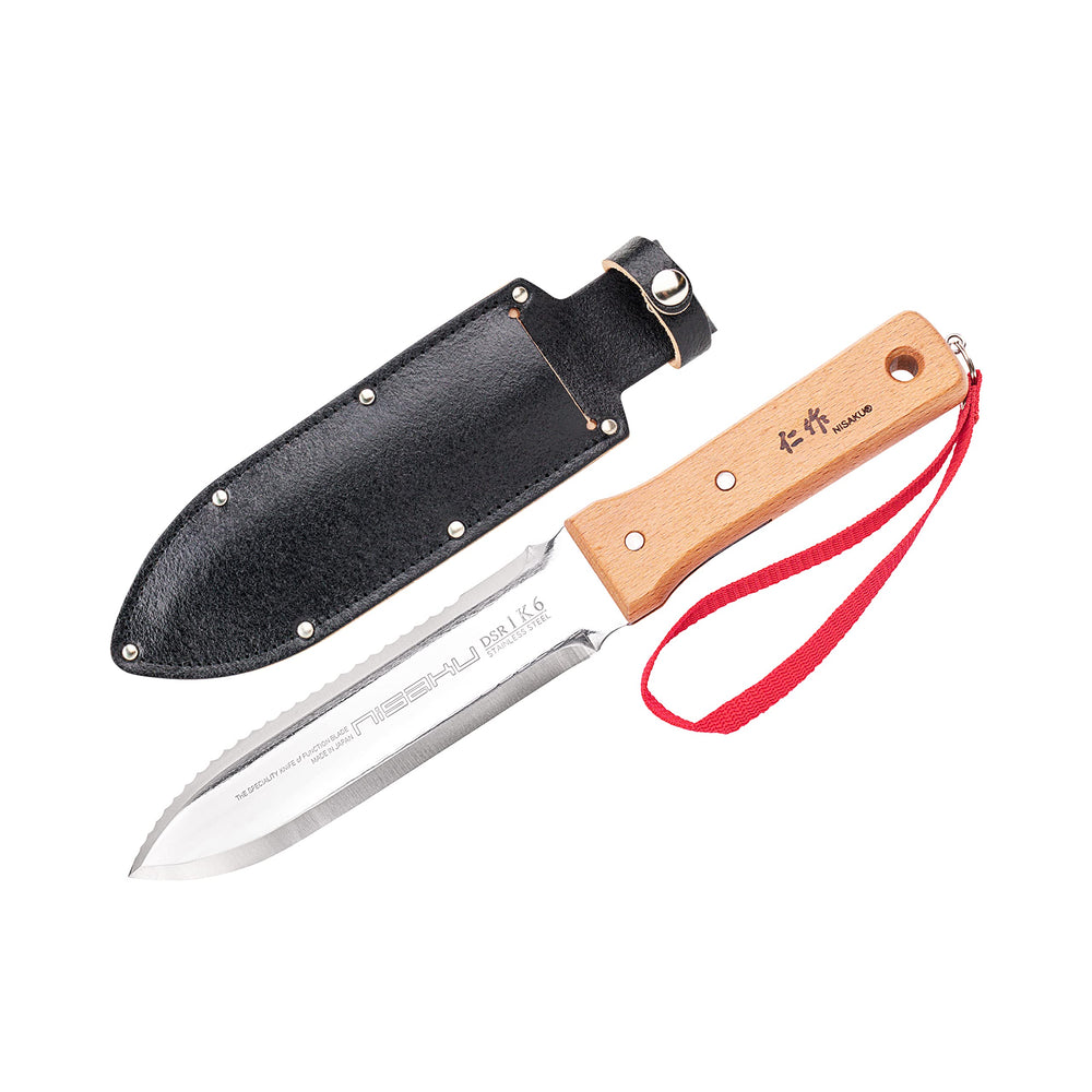 nisaku hoja frontal del cuchillo mostrando forma y acabado resistente