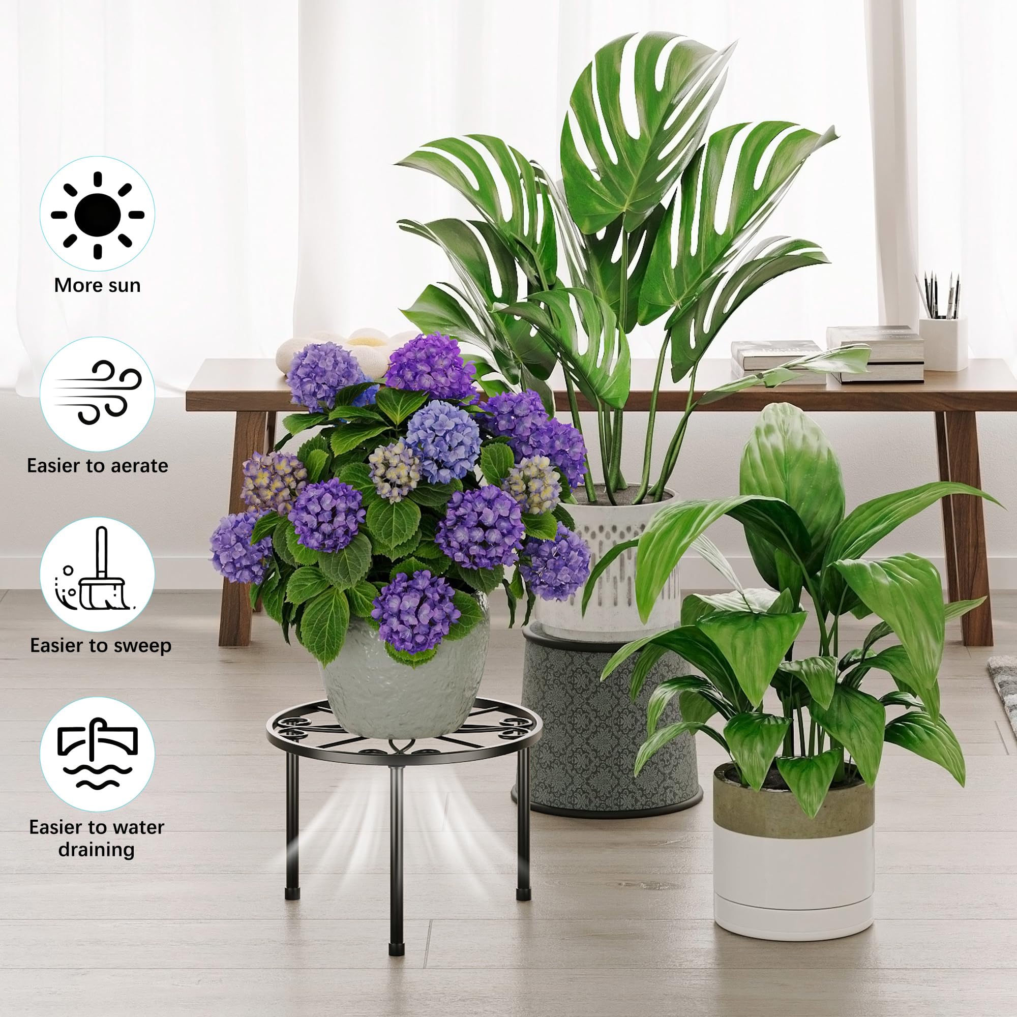NQW soportes en uso en salón elevando plantas y optimizando luz