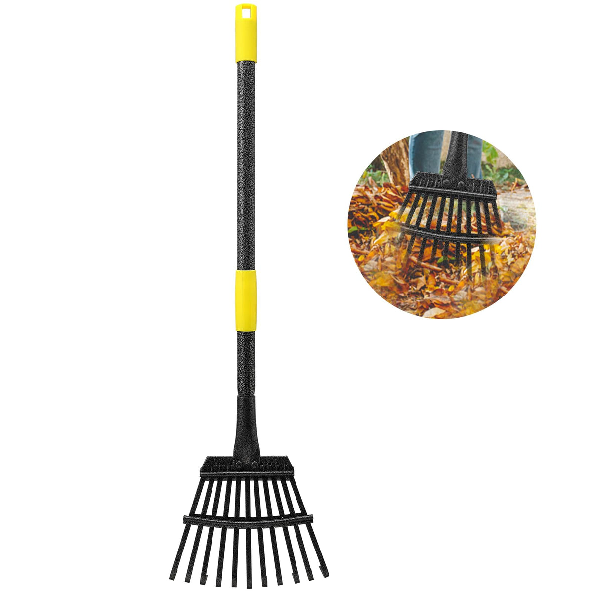 Oliynedy vista frontal del rastrillo metálico, robustez para limpiar hojas