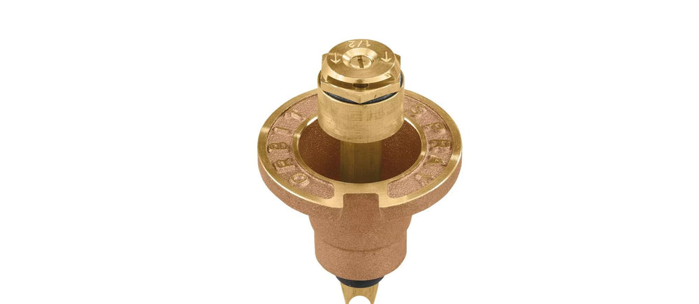 Orbit primer plano de la boquilla de latón y tornillo de ajuste, control preciso del radio de riego