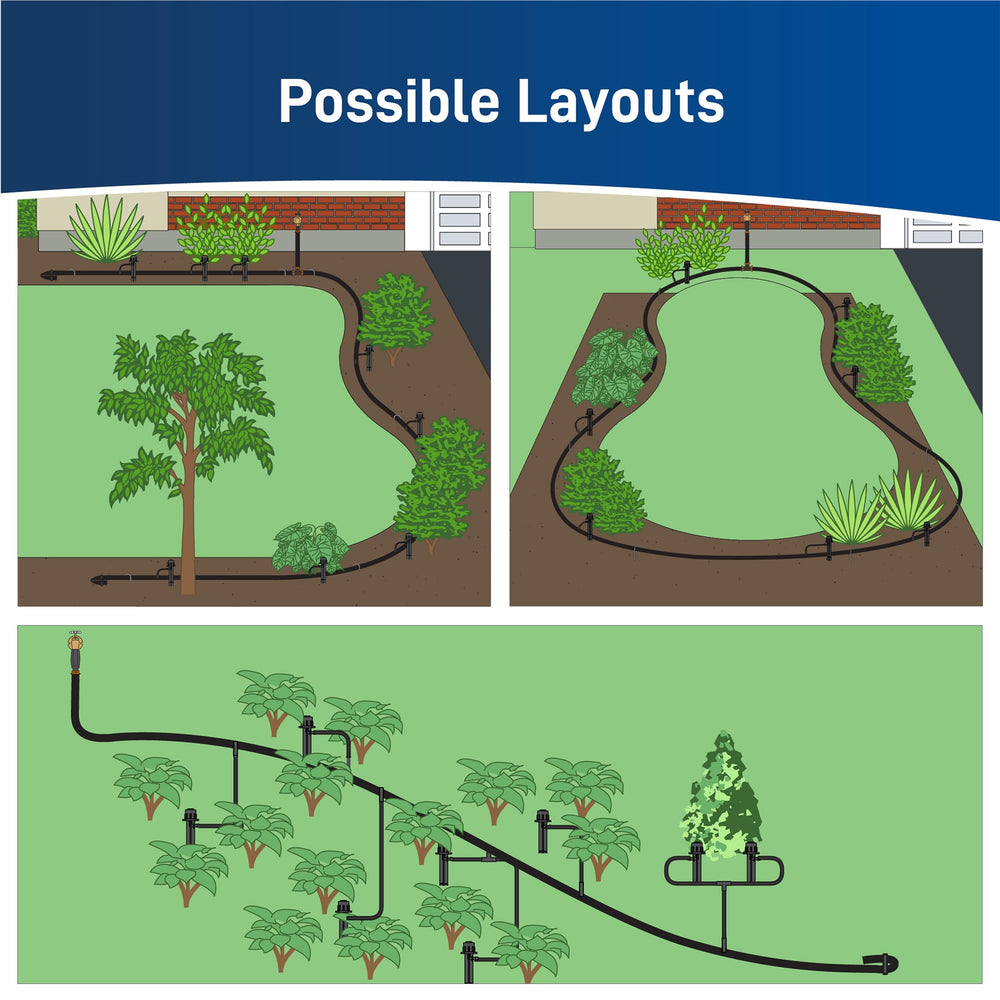 Orbit B-hyve instalación en macetas y parterres ilustrando ahorro de agua y plantas saludables
