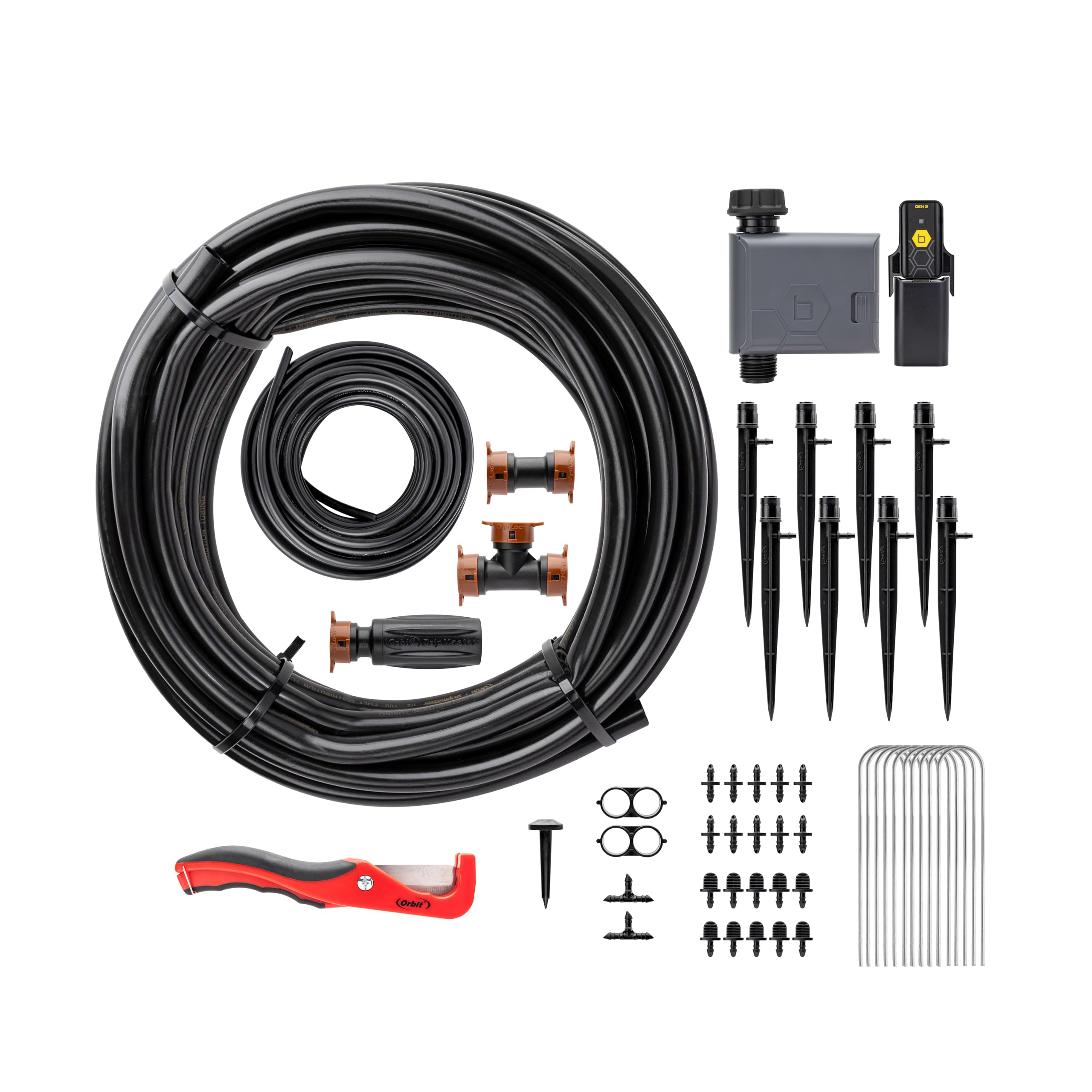 Orbit B-hyve conjunto completo de kit mostrando tubos, goteros y accesorios para instalación rápida