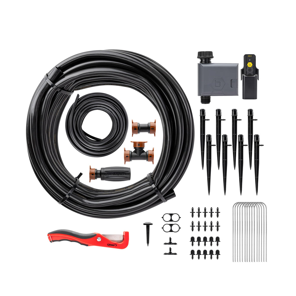 Orbit B-hyve conjunto completo de kit mostrando tubos, goteros y accesorios para instalación rápida