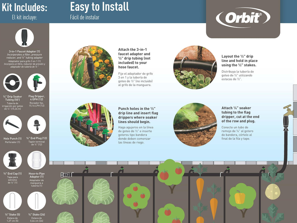 Orbit patrón espina de pescado instalado en caja de cultivo para riego eficaz