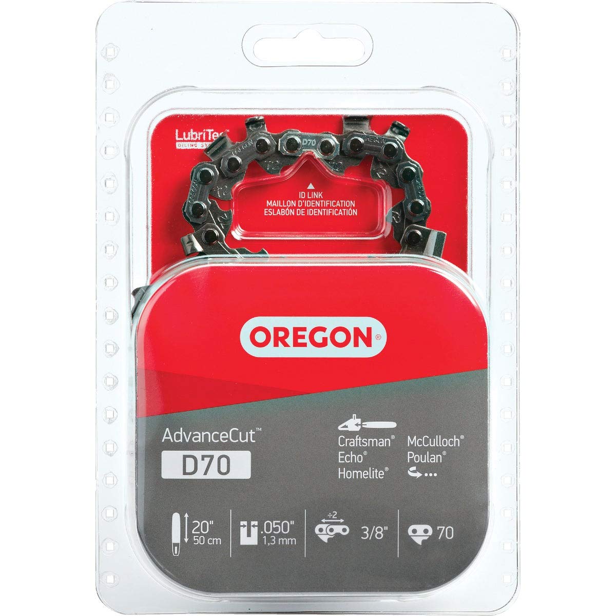 Oregon cadena frontal empaquetada mostrando especificaciones y beneficio de compatibilidad