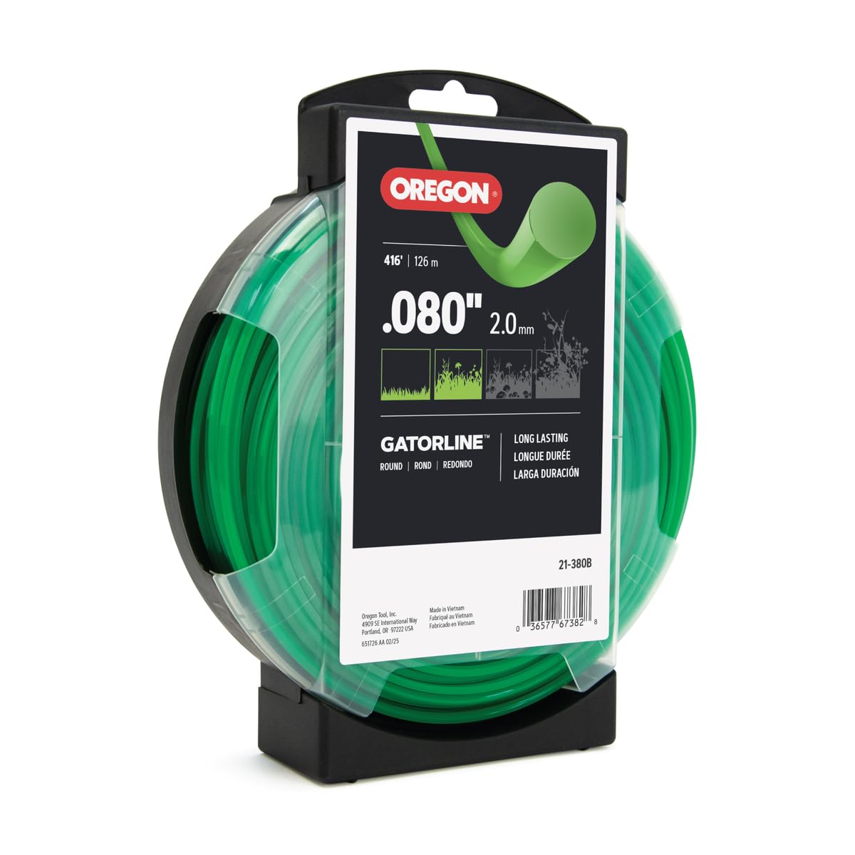 Oregon Gatorline frente del carrete mostrando longitud y embalaje durable