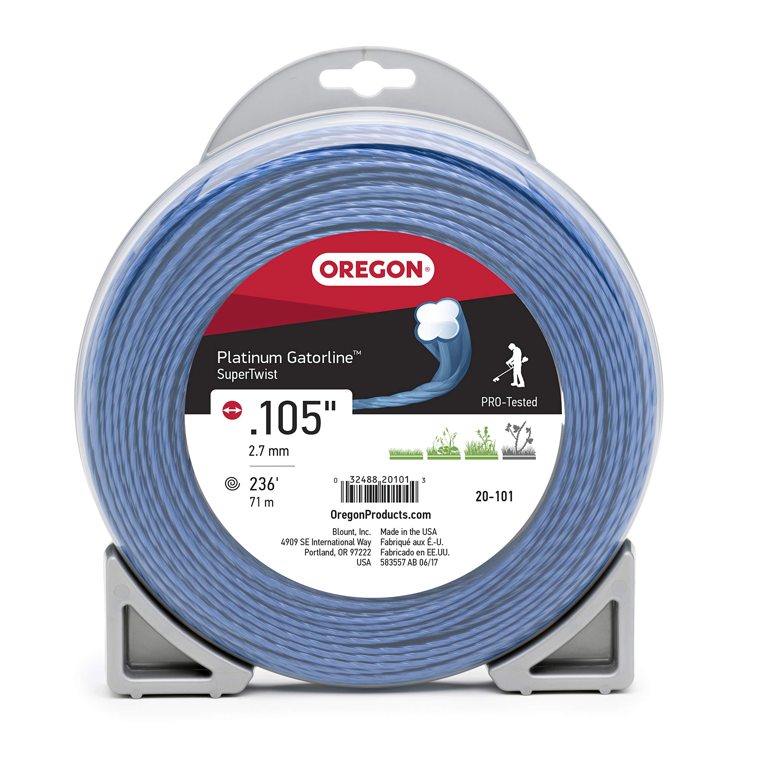 Oregon Platinum Gatorline frente del empaque mostrando el carrete y especificaciones, resistente y duradero