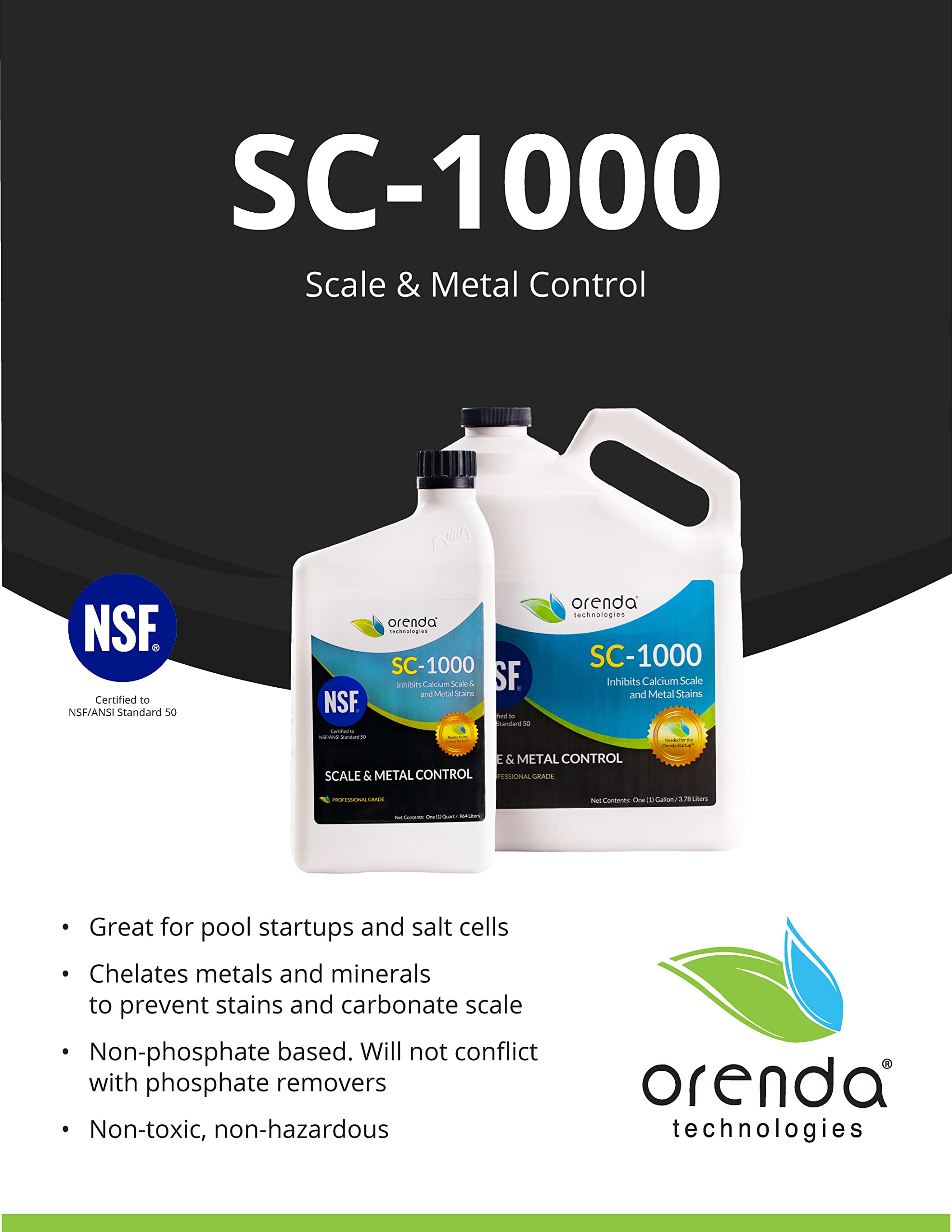Orenda SC-1000 botella junto a mano mostrando escala y volumen de 1 cuarto