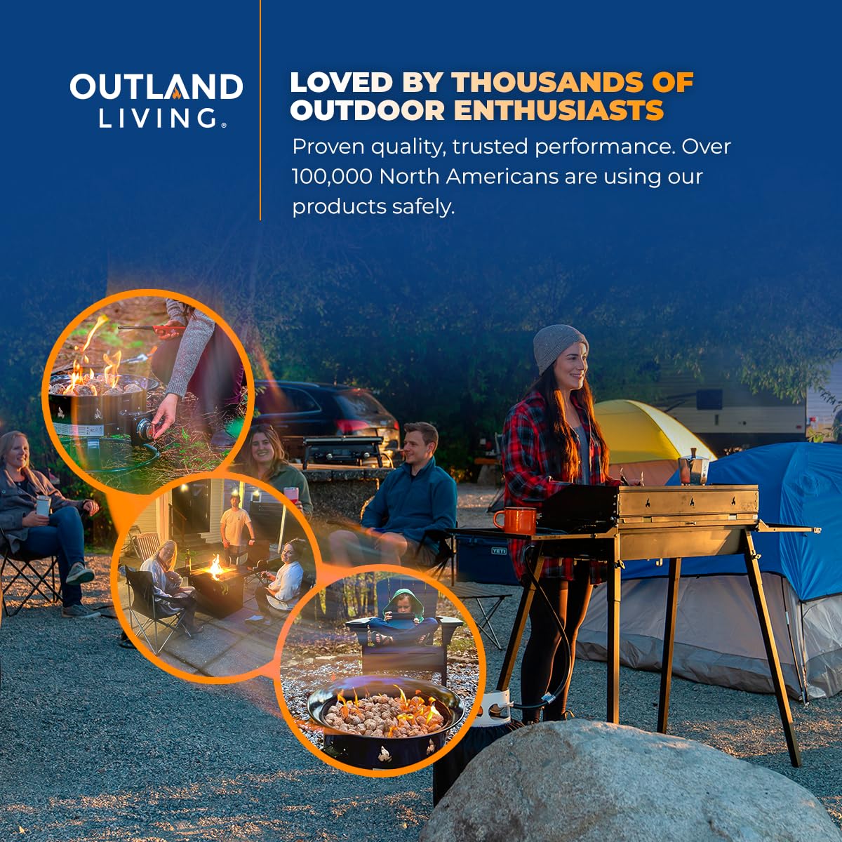 Outland Living instalado junto a una RV para calefacción y ambiente móvil