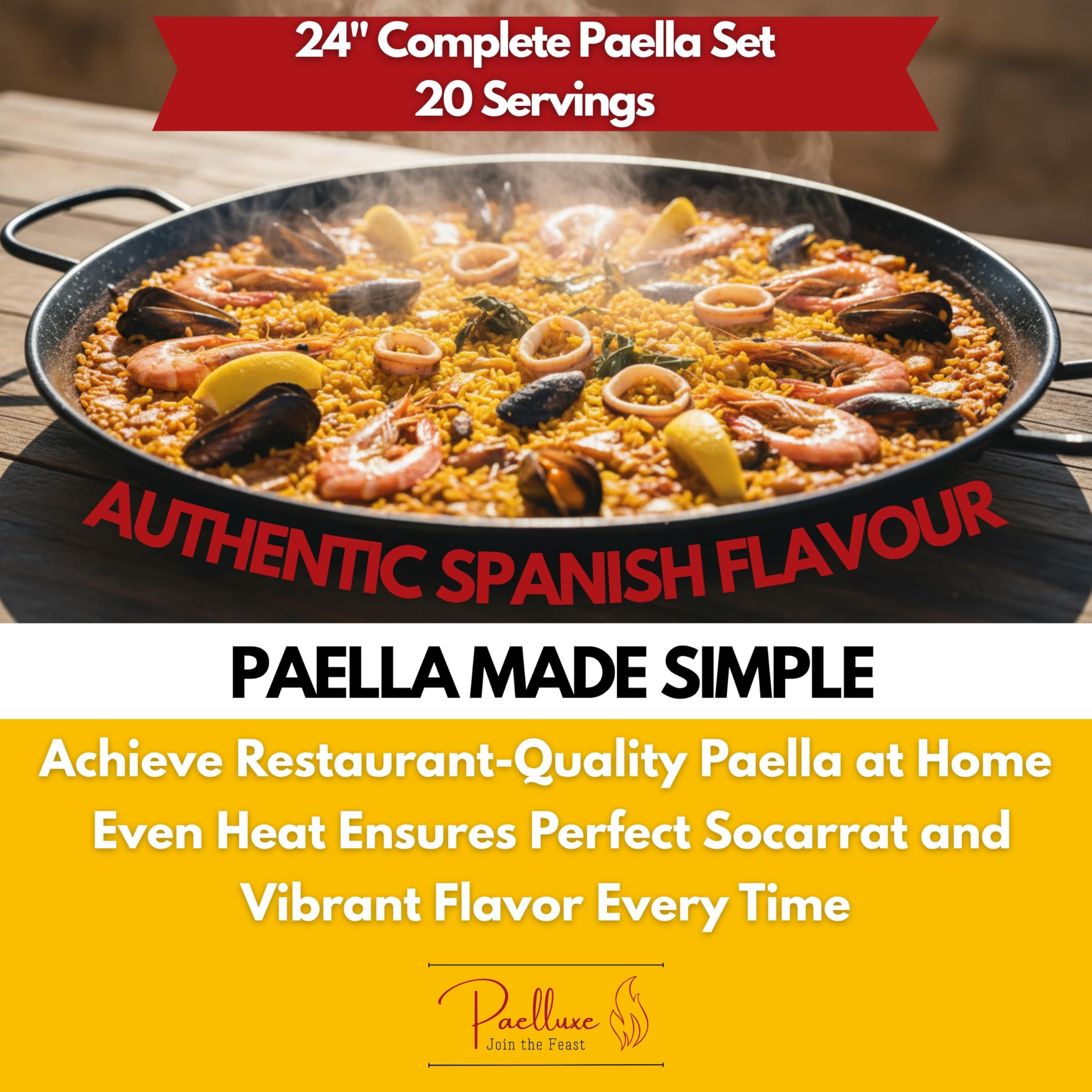 Paelluxe paella cocinada en exterior, resultado uniforme y presentación atractiva