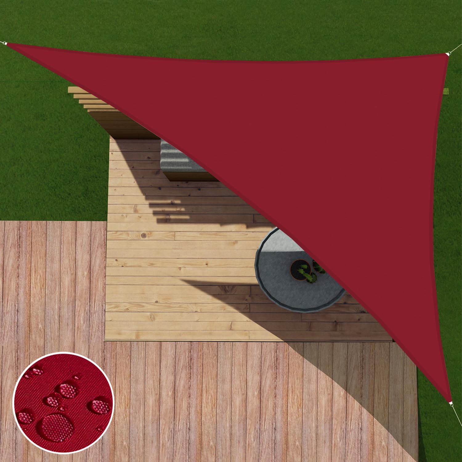 Patio vista frontal de la vela triangular roja mostrando cobertura y estética