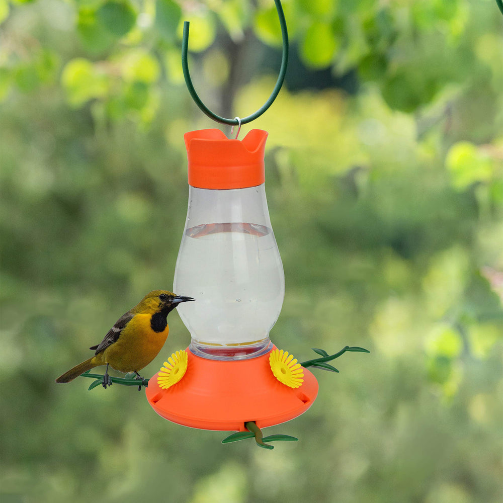 Perky-Pet detalle de puertos en forma de flor que facilita alimentación natural de oriolos