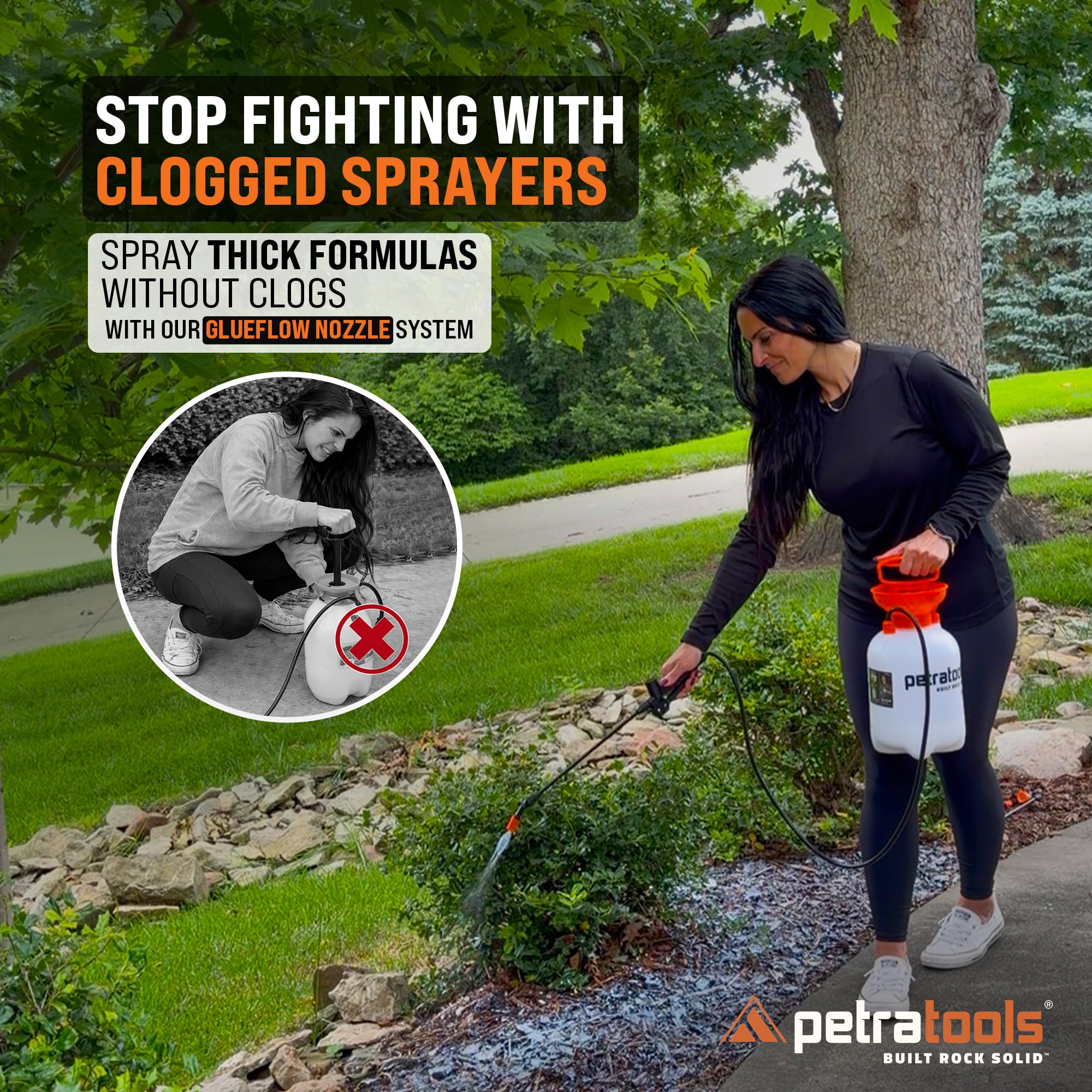 Petra LOCKSCAPE aplicando mulch glue en jardín, fijación duradera