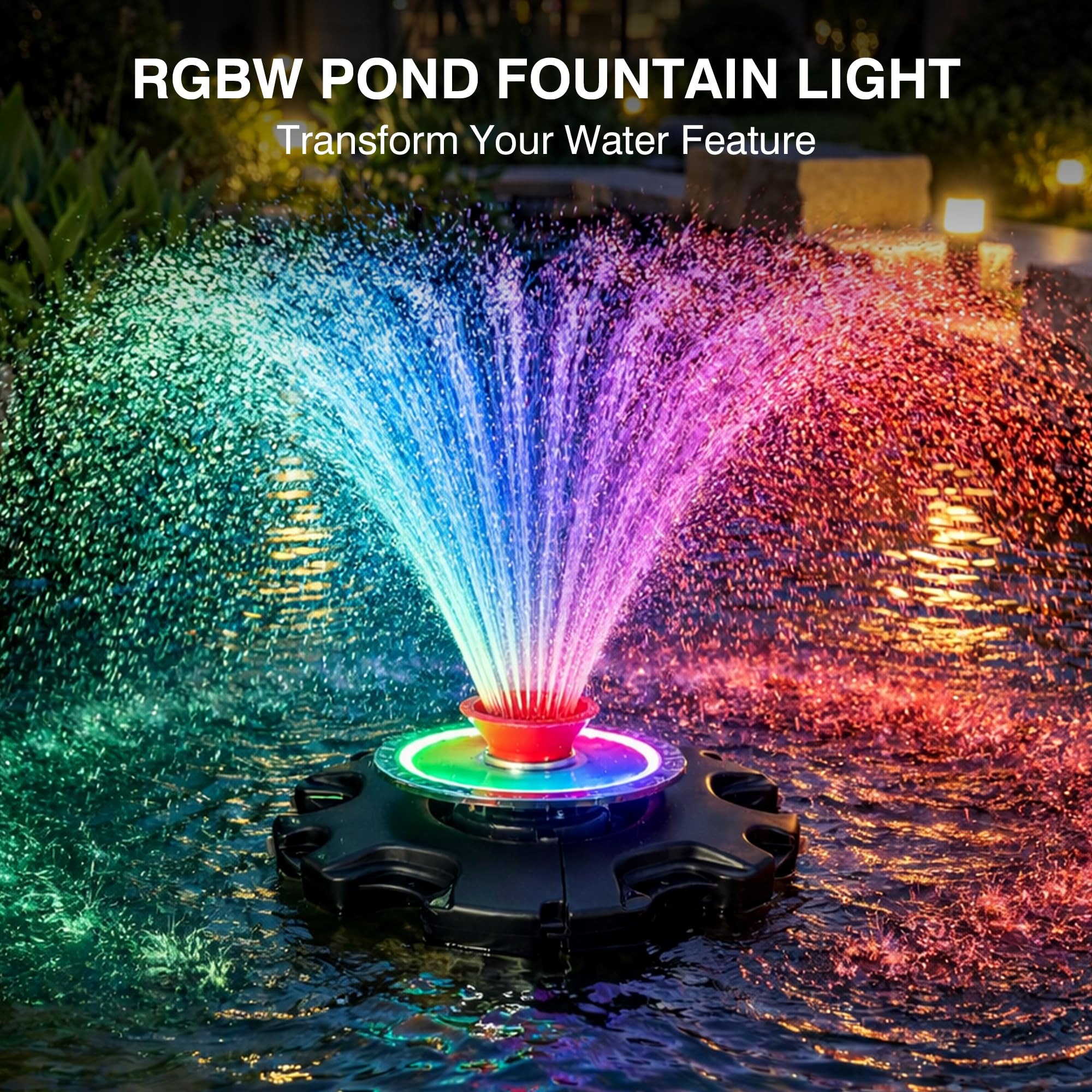 Pondvita escena nocturna del estanque con iluminación RGB creando ambiente