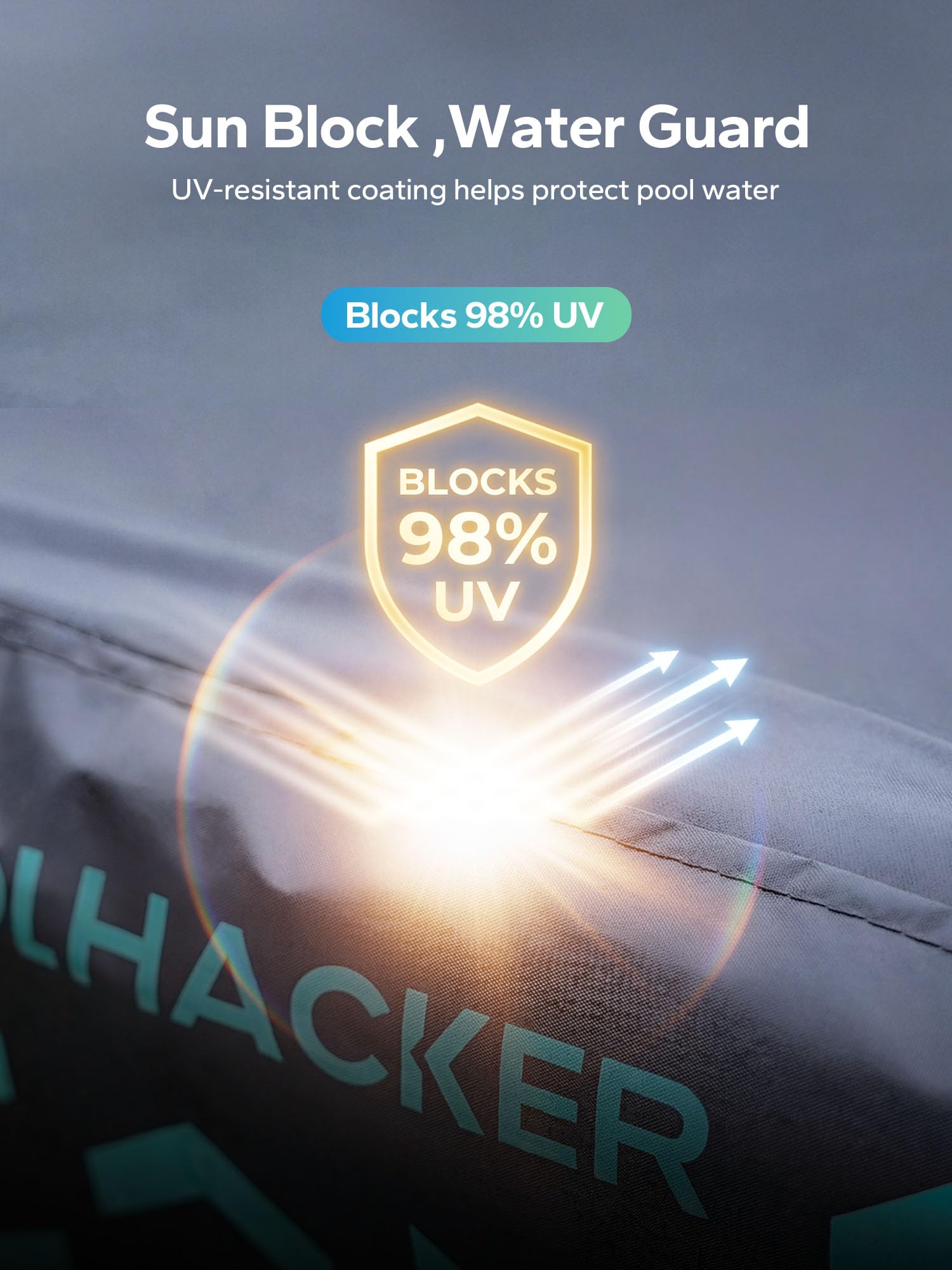 POOLHACKER entorno de piscina con cubierta mostrando protección solar